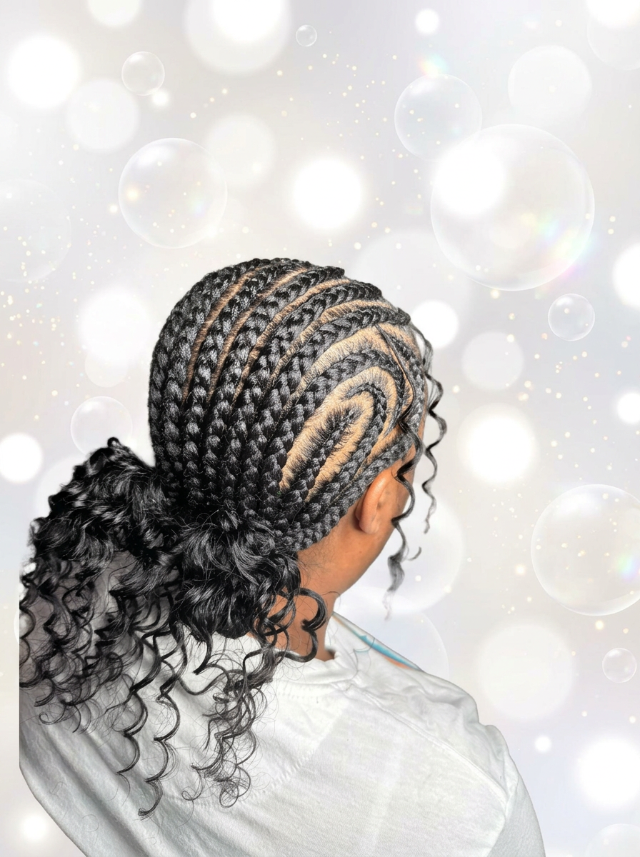 Detailed stitch braids with curly ponytail